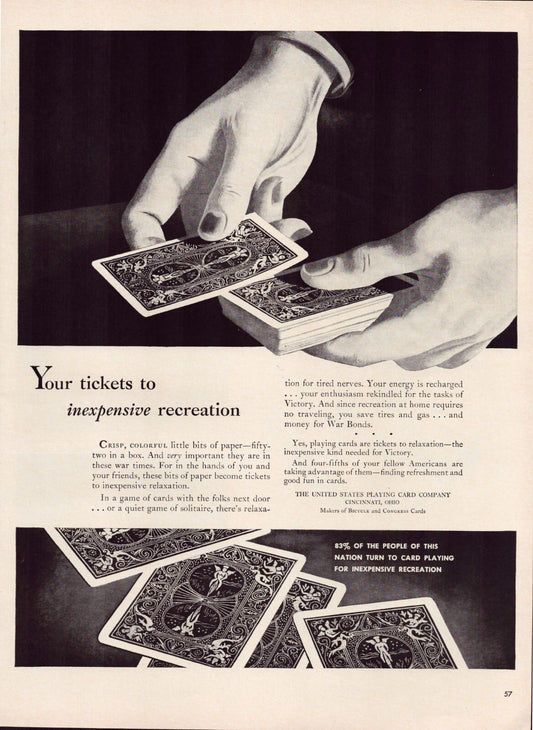 Bicycle playing cards 1942 print ad WWII recreation cards hands deck full page