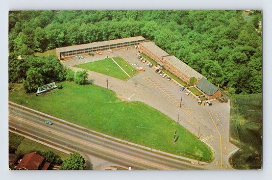 Cuyahoga Falls Ohio Akron motel aerial parking lot roadside highway 1963 chrome postcard