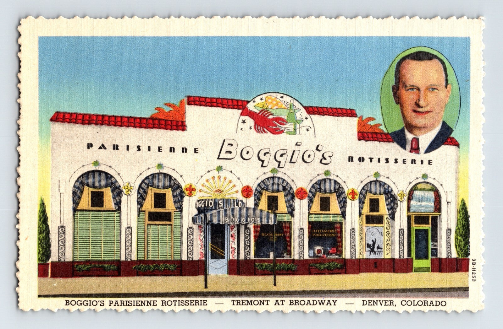 Denver Colorado Boggio Parisienne Rotisserie restaurant illustration linen postcard 1940s