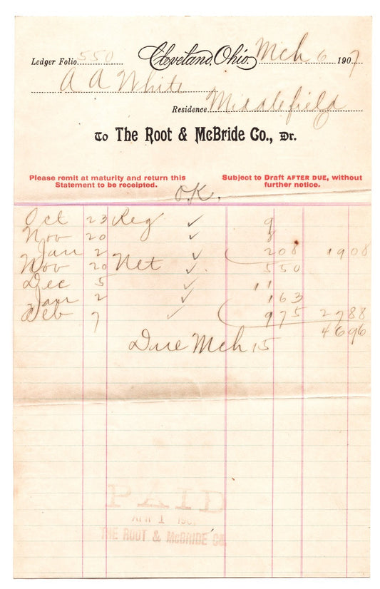 Cleveland Ohio 1907 Root McBride Billhead + Envelope Cover