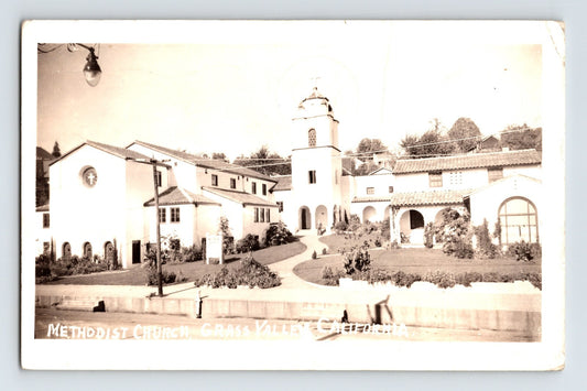 Grass Valley California Methodist Church Spanish style tower 1945 RPPC photo postcard