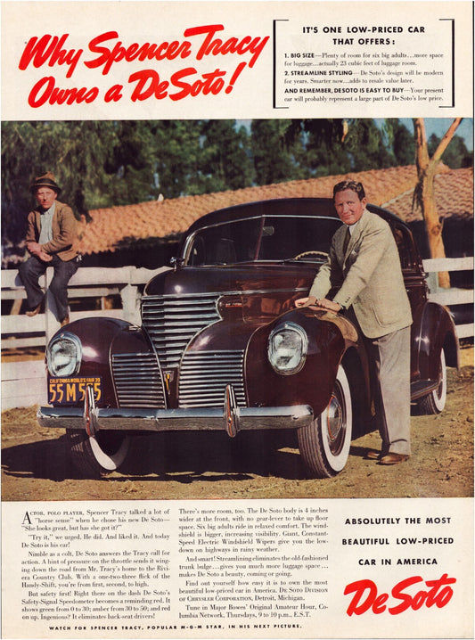 De Soto 1939 print ad Spencer Tracy car automobile vintage advertisement full page magazine