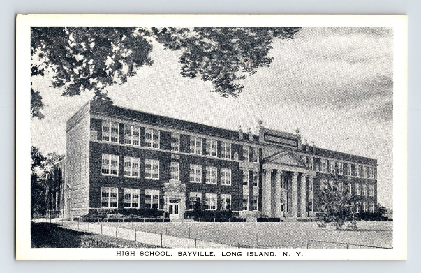 Sayville Long Island New York high school building 1930s postcard neoclassical facade white border