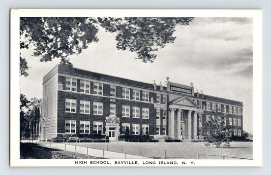 Sayville Long Island New York high school building 1930s postcard neoclassical facade white border