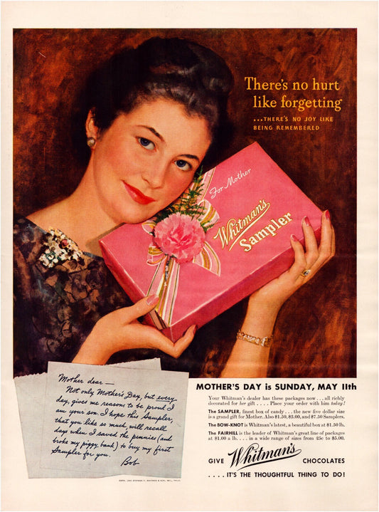 Whitmans Sampler chocolates Mothers Day gift box advertising illustration 1941