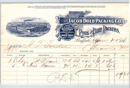 Buffalo New York Jacob Dold Packing Pork Beef 1898 Billhead 8.5 x 5.5