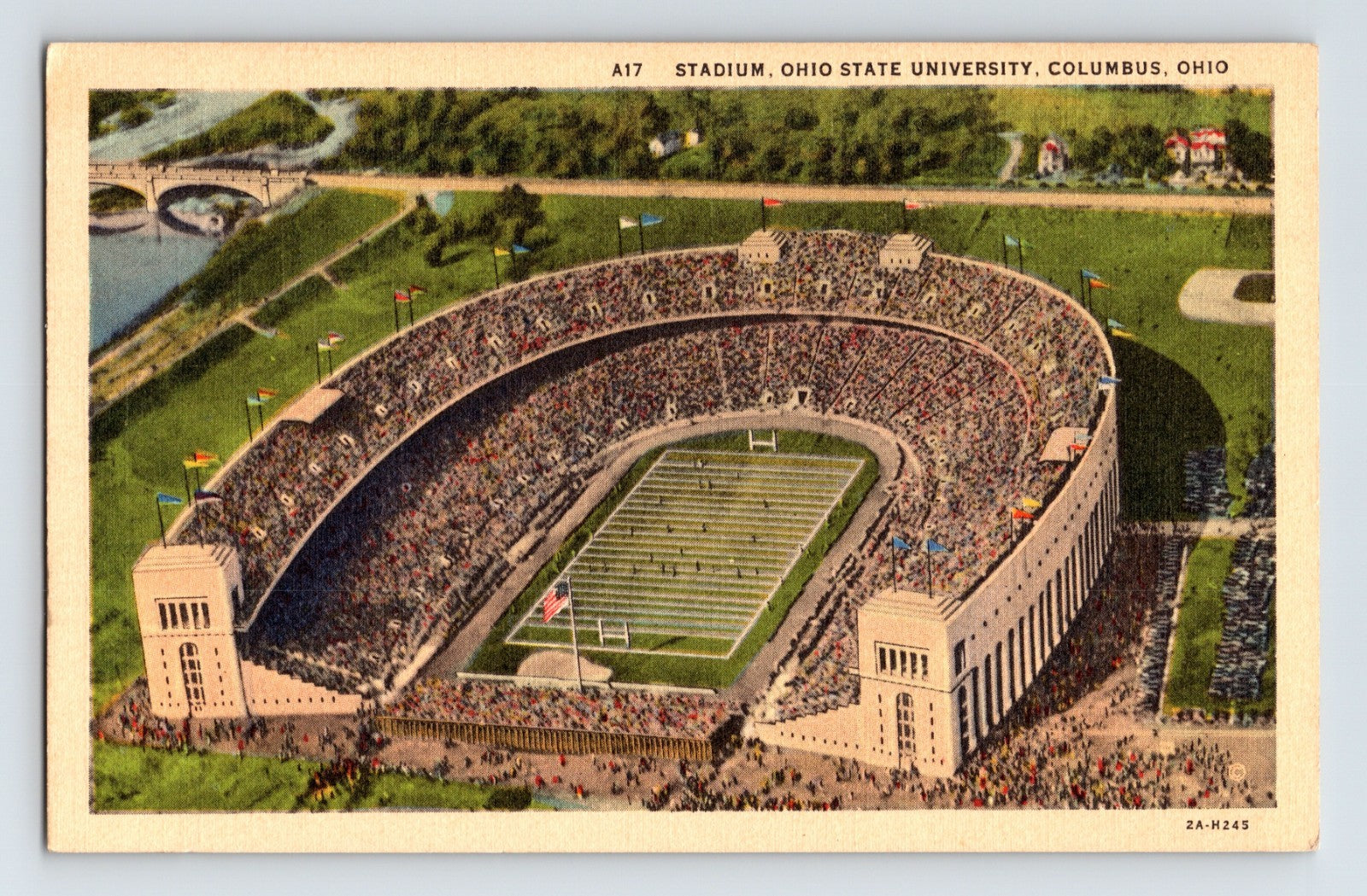 Columbus Ohio Ohio State University football stadium aerial view Buckeyes 1940s postcard