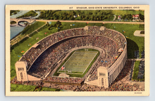Columbus Ohio Ohio State University football stadium aerial view Buckeyes 1940s postcard