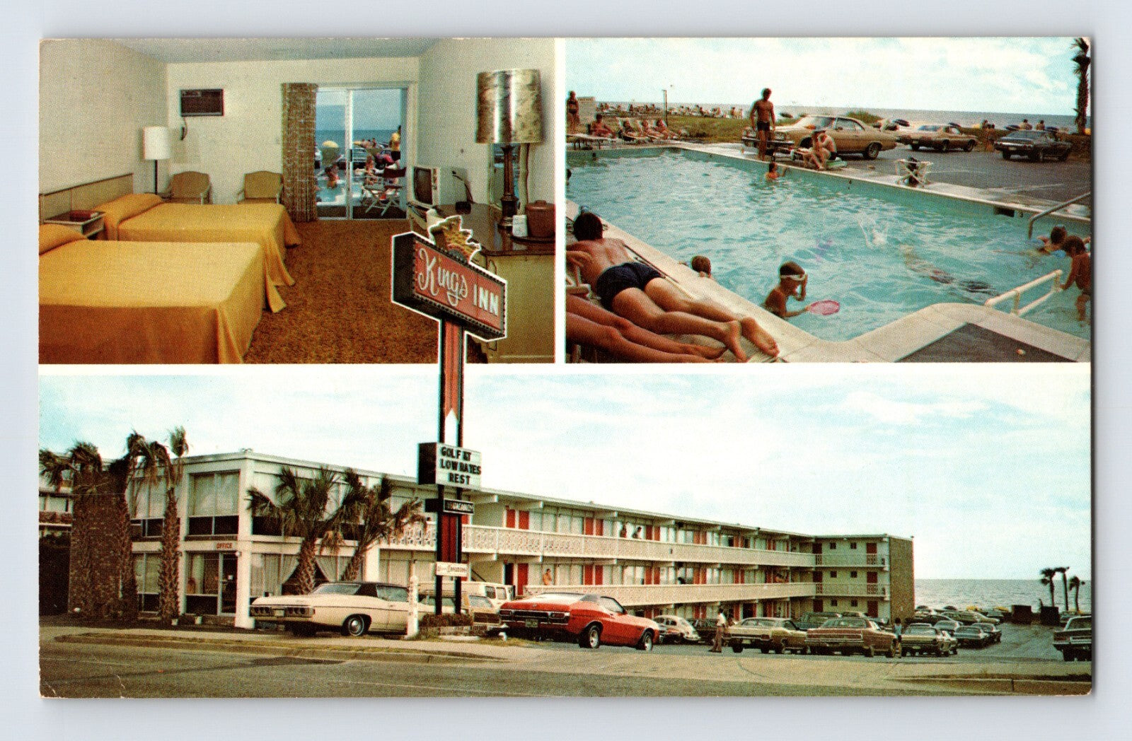 Myrtle Beach South Carolina Kings Inn Motel 1970s postcard with multi view rooms pool and oceanfront motel exterior chrome finish