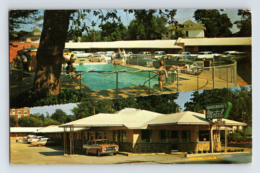 Atoka Oklahoma Brandenburg Motel 1960s postcard with swimming pool courtyard and roadside motel building