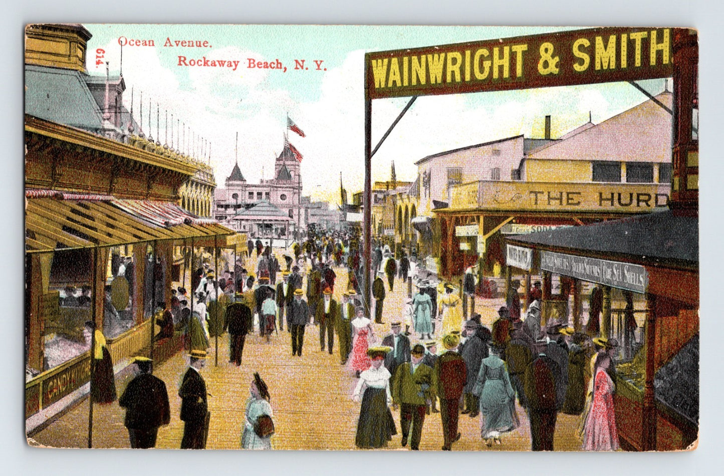 Rockaway Beach New York Ocean Avenue boardwalk crowds Wainwright and Smith sign early 1900s postcard