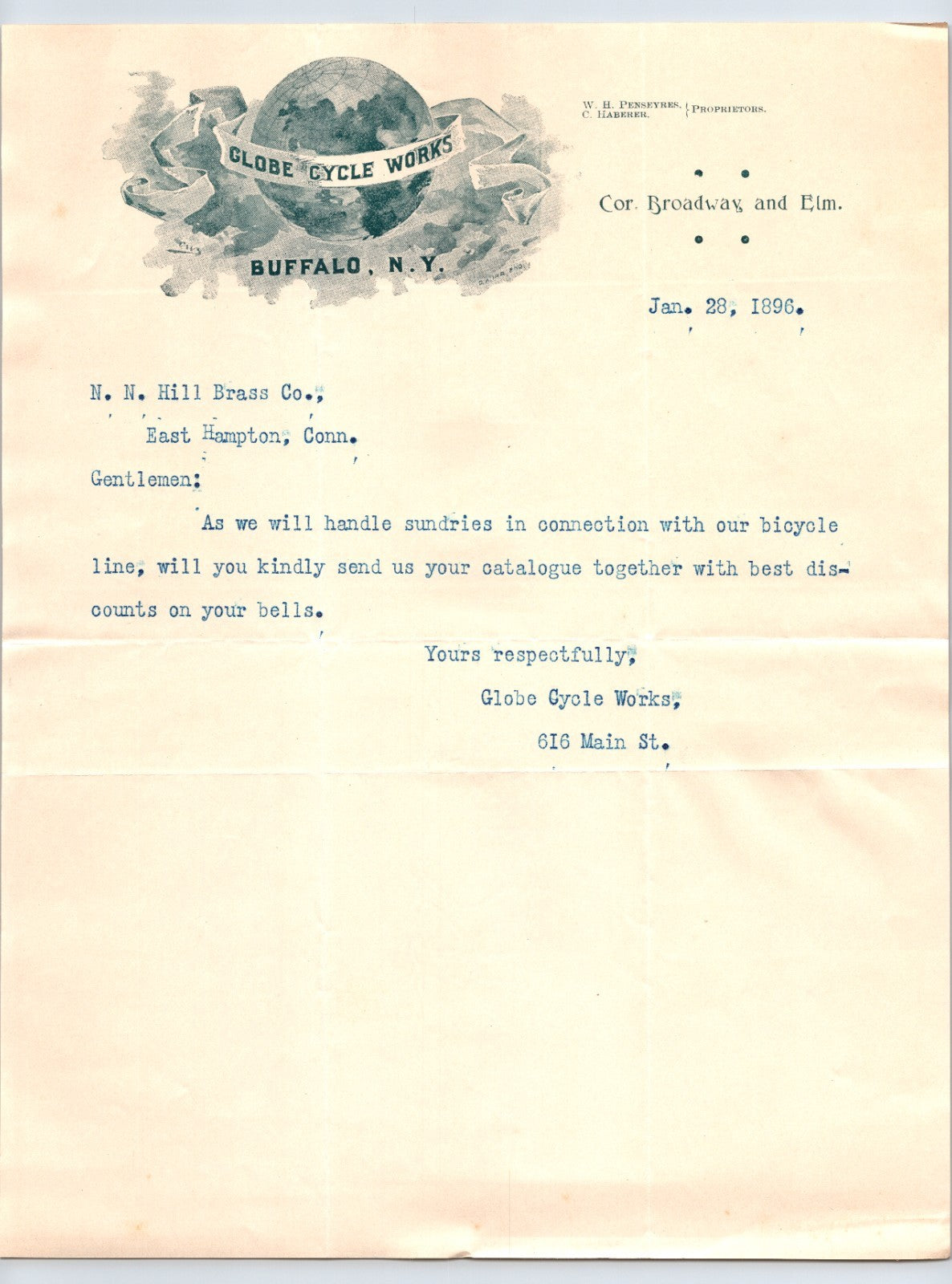 Buffalo New York 1896 Globe Cycle Works Bicycle Letterhead 8.5 x 11