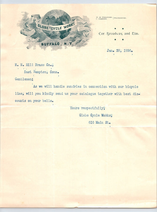 Buffalo New York 1896 Globe Cycle Works Bicycle Letterhead 8.5 x 11