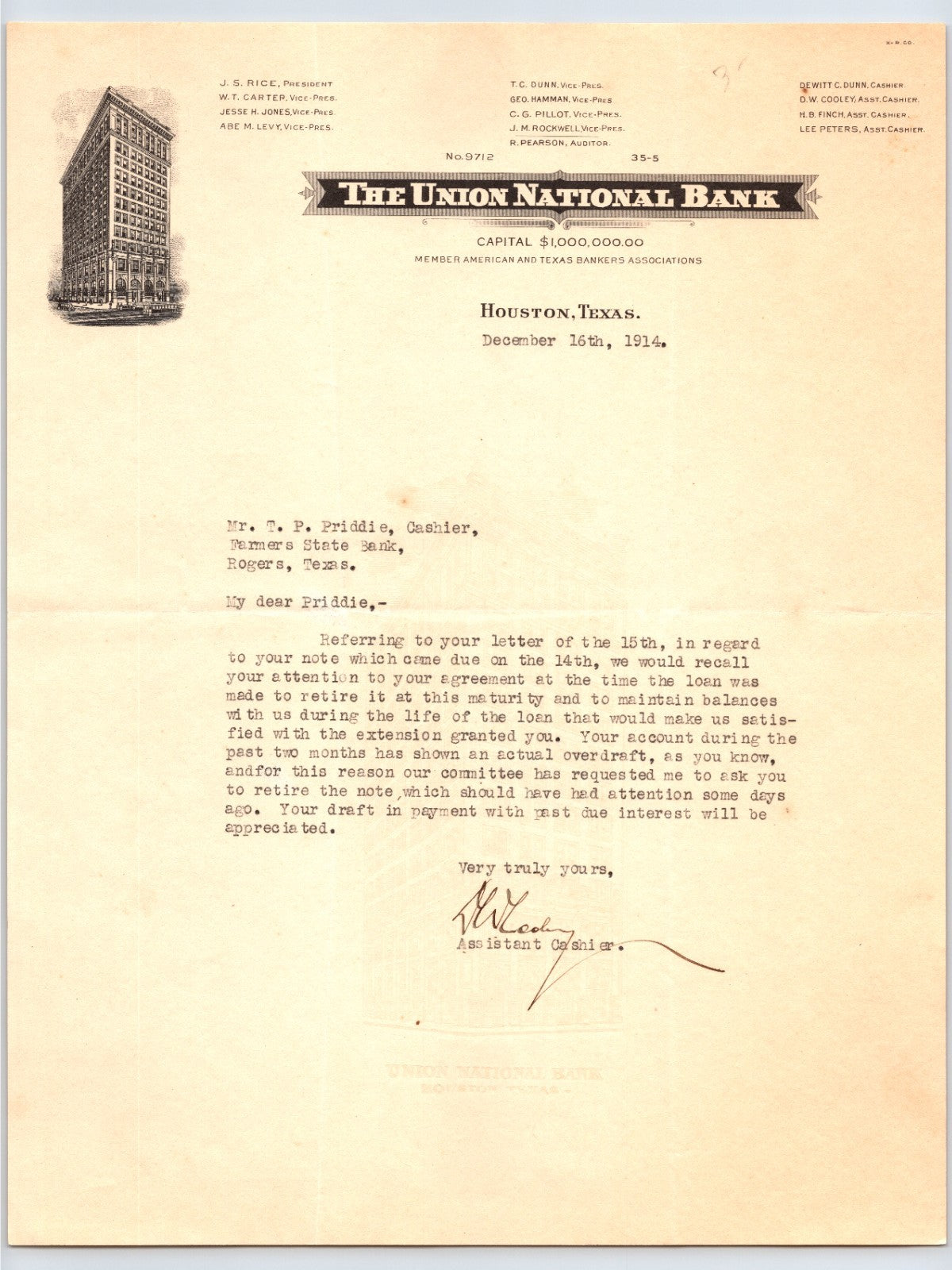 1914 Union National Bank Houston Texas letter regarding loan overdraft