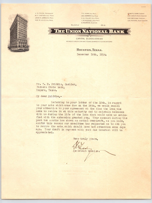 1914 Union National Bank Houston Texas letter regarding loan overdraft