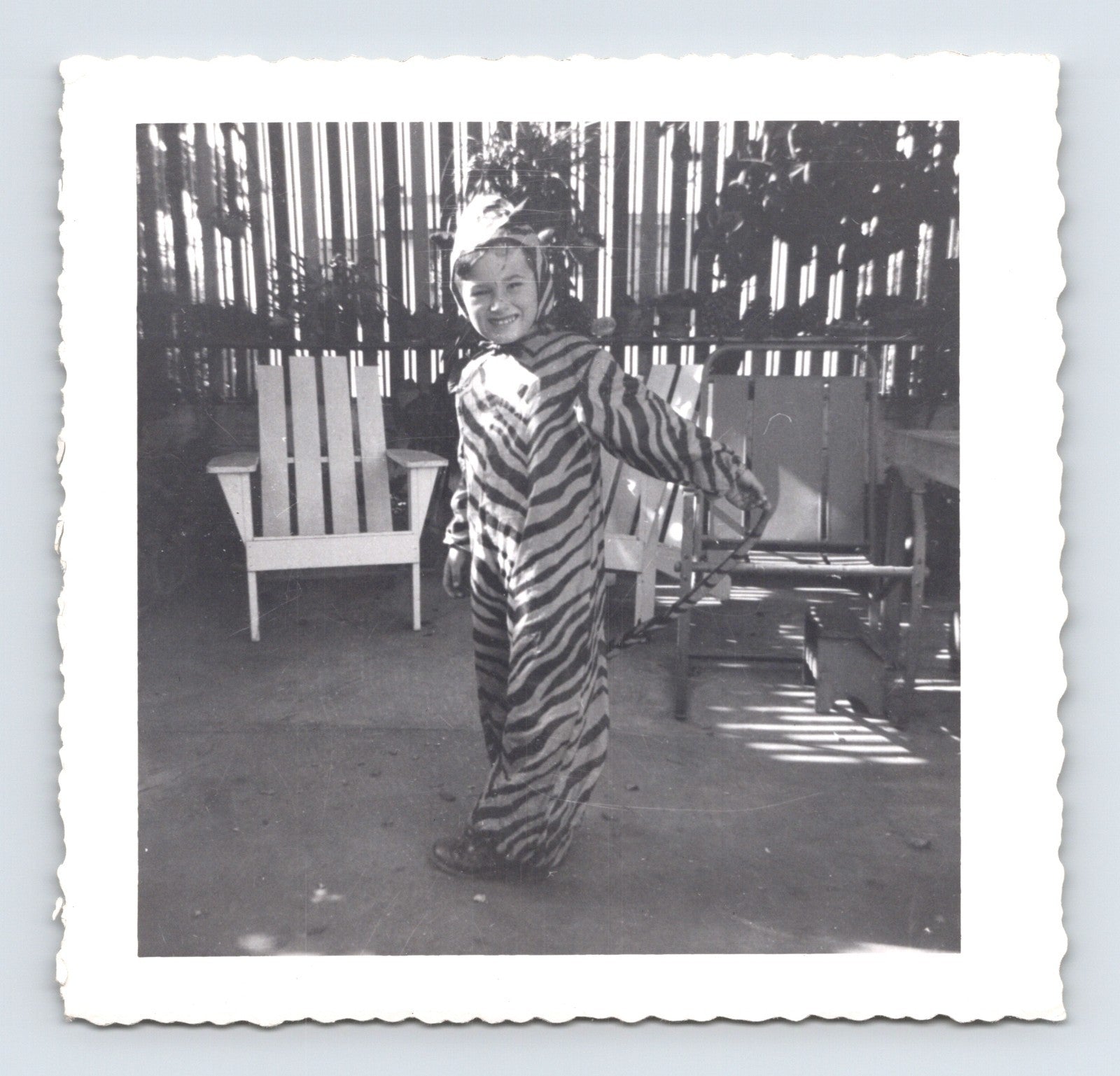 Child Halloween tiger costume striped outfit backyard patio chairs October 1950 snapshot