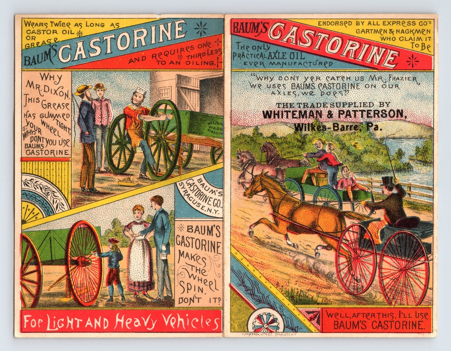 Baum’s Castorine axle oil Victorian advertising trade card with horse carriage racing scenes and foldout transportation industry testimonials.
