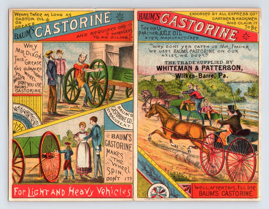Baum’s Castorine axle oil Victorian advertising trade card with horse carriage racing scenes and foldout transportation industry testimonials.