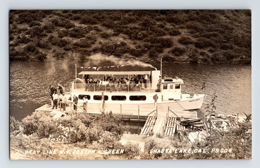 Lake Shasta California Gray Line Joseph Green excursion boat 1940s real photo postcard EKC paper passengers docked shoreline view