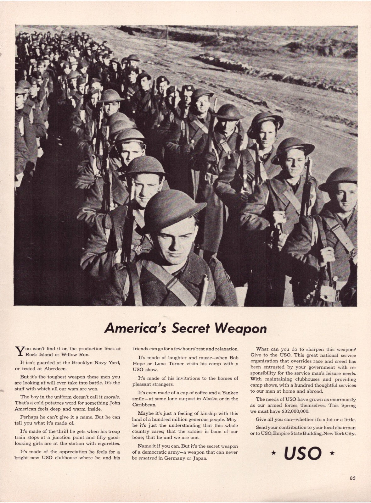 USO Club 1942 WWII soldiers marching formation print ad full page wartime propaganda