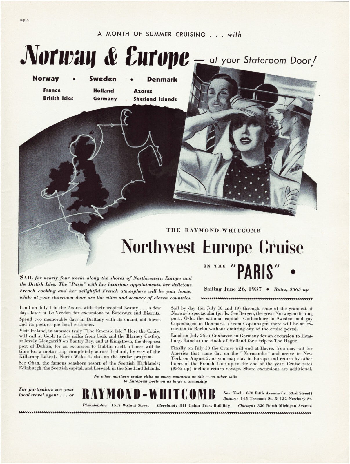 Raymond Whitcomb cruise 1937 Norway Europe travel print ad map Northwest Europe Paris ship
