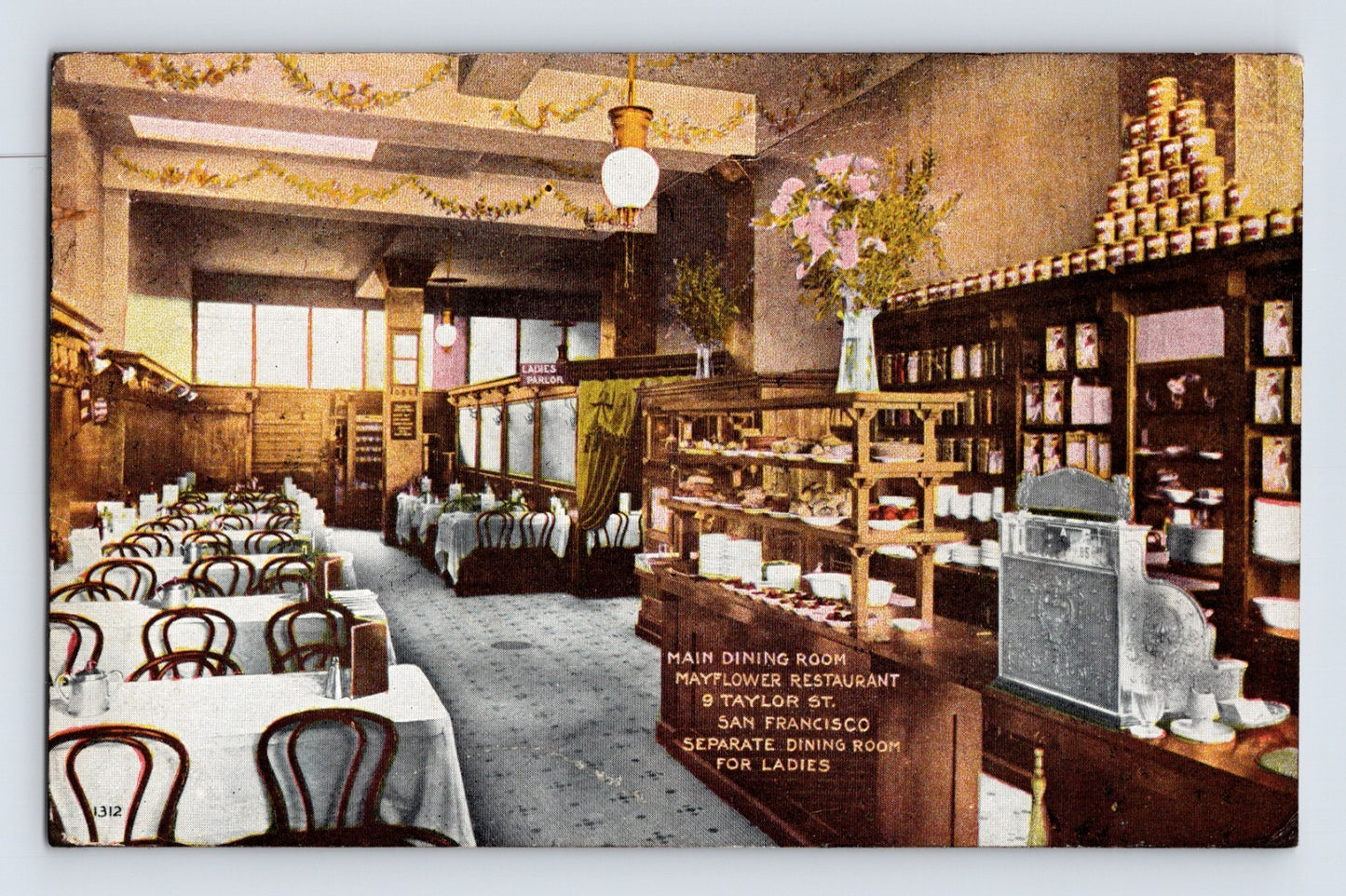 San Francisco California Mayflower Restaurant tea room dining interior 1910 postcard