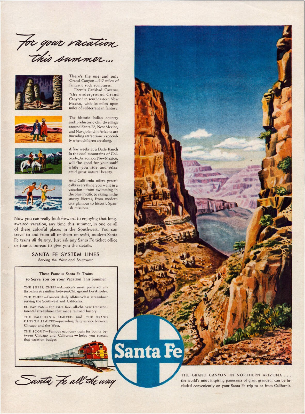 1946 Santa Fe railroad print advertisement Grand Canyon Arizona travel illustration full page