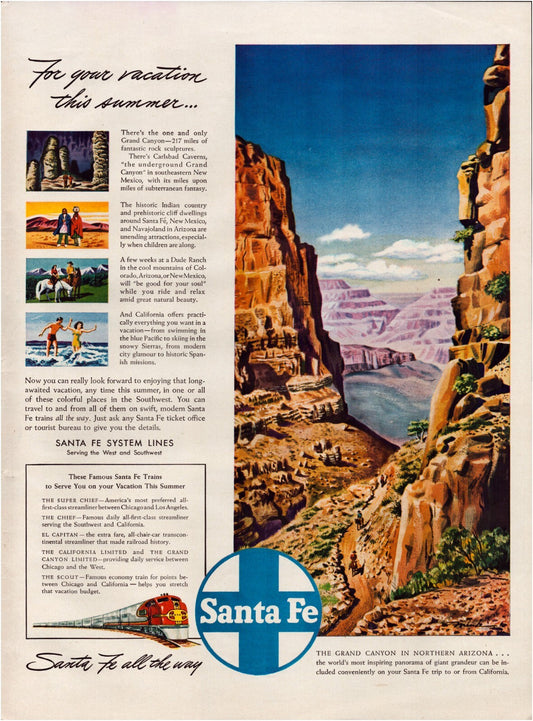 1946 Santa Fe railroad print advertisement Grand Canyon Arizona travel illustration full page