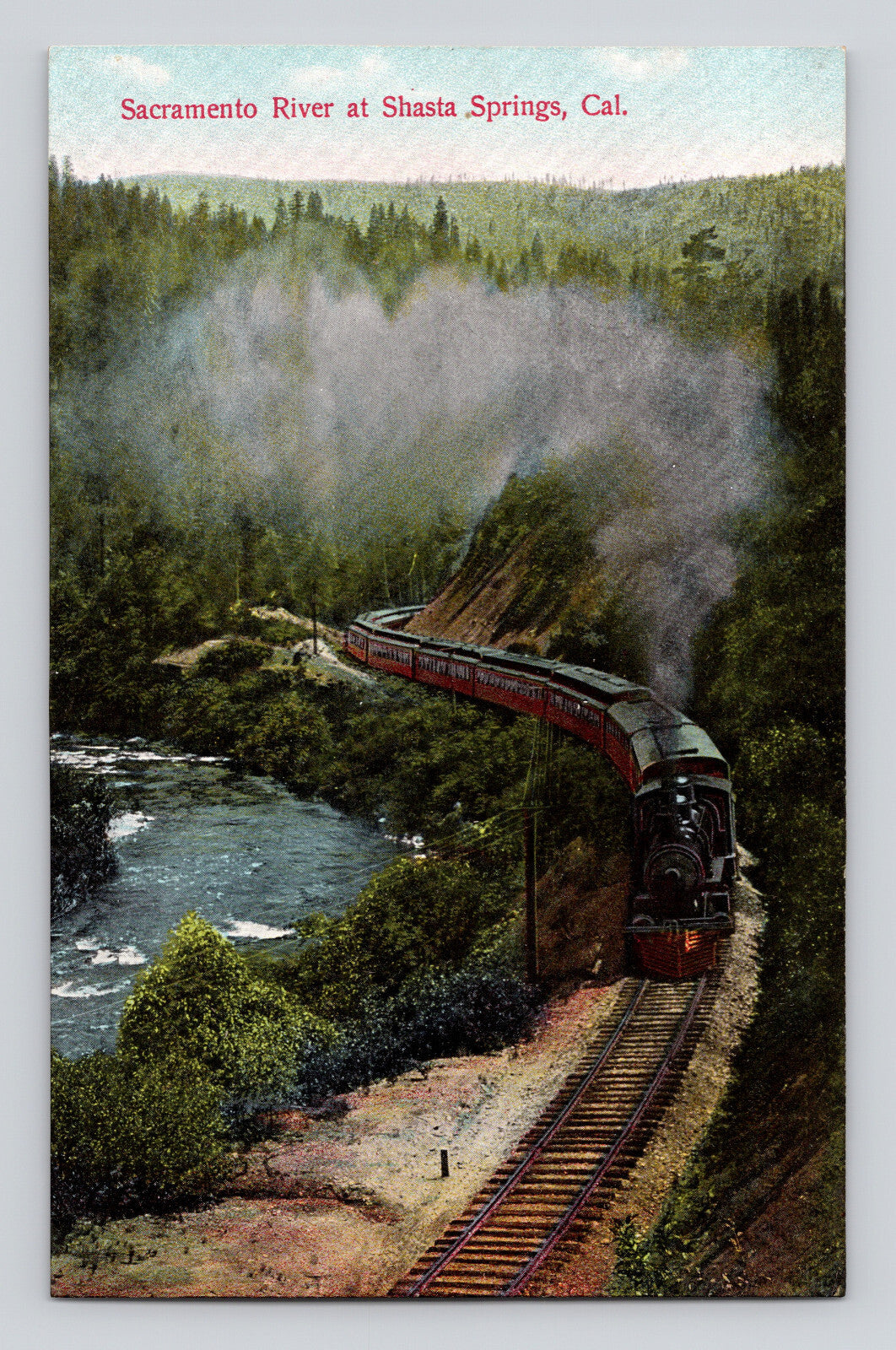 Mount Shasta California railroad train Sacramento River curve steam locomotive 1910s postcard