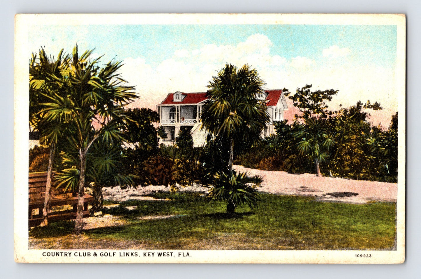 Key West Florida Country Club and Golf Links clubhouse with palm trees and lawn 1930 white border postcard