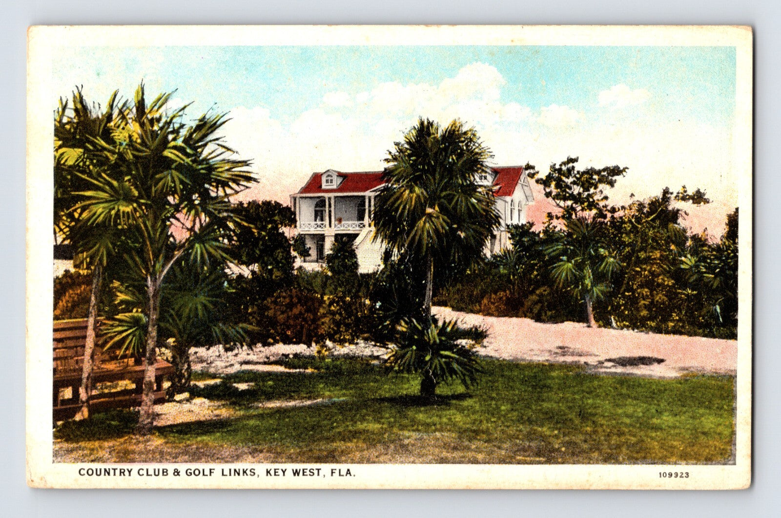 Key West Florida Country Club and Golf Links clubhouse with palm trees and lawn 1930 white border postcard