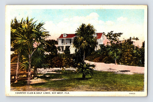 Key West Florida Country Club and Golf Links clubhouse with palm trees and lawn 1930 white border postcard