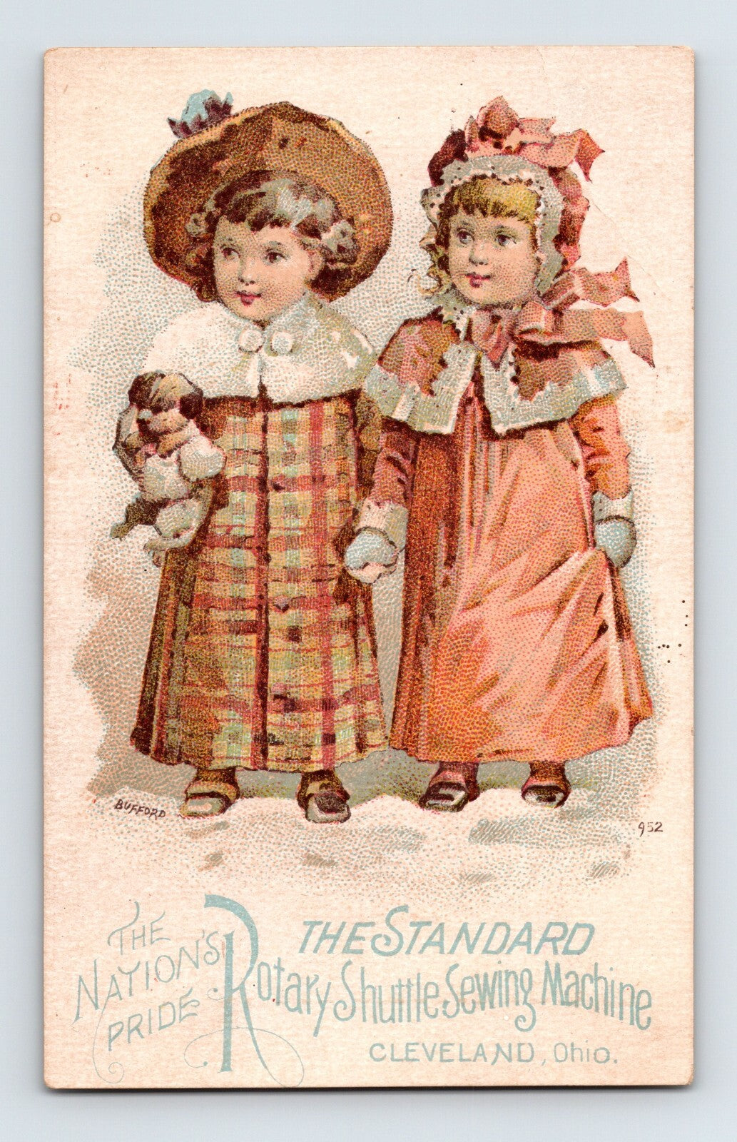 1890s Victorian trade card for Standard Sewing Machine showing two young girls in patterned dresses holding doll with soft pastel chromolithograph detail