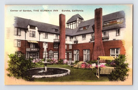 Eureka California Eureka Inn courtyard garden fountain Tudor style hotel linen postcard