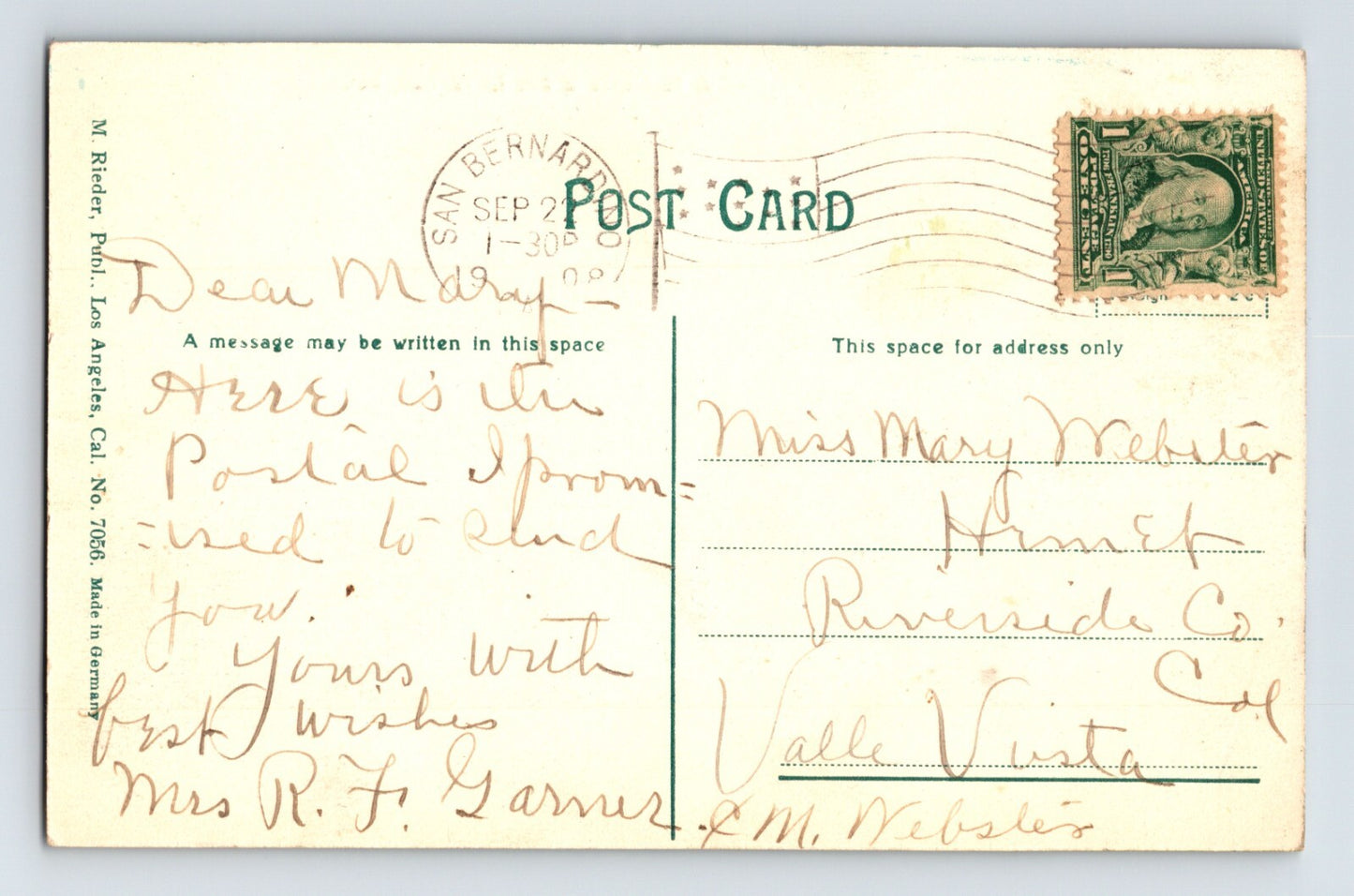 San Bernardino California R F Garner Home 1908 Postcard Mailed By Owner