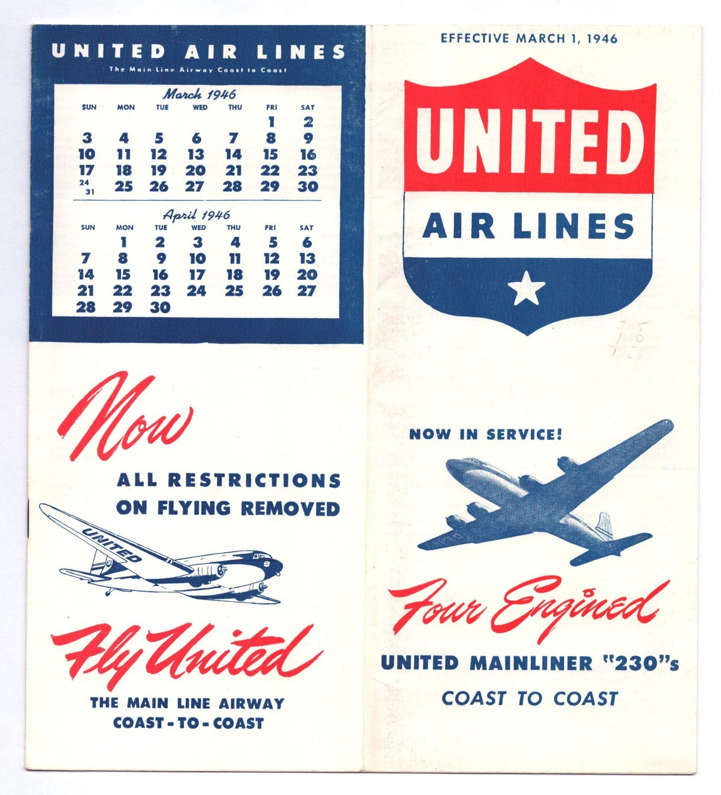 United Air Lines 1946 timetable booklet cover featuring shield logo, calendar for March and April 1946, and four-engine aircraft illustration.