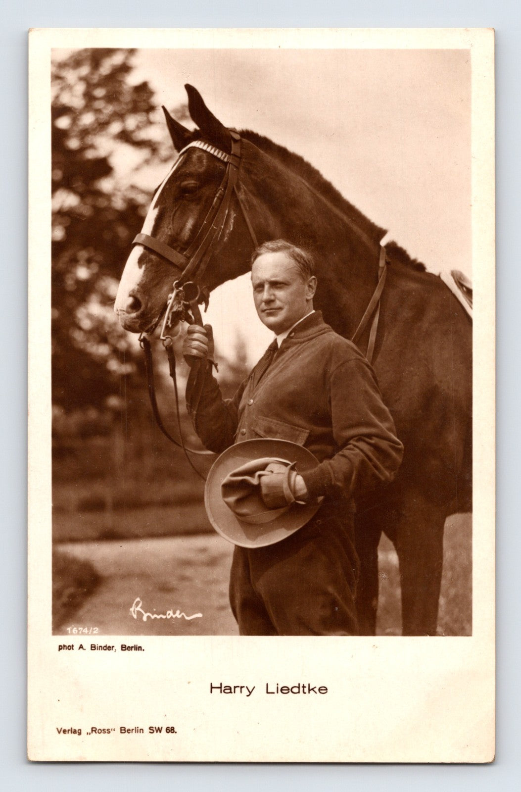 Harry Liedtke German silent film star portrait with horse Ross Verlag Berlin photo postcard