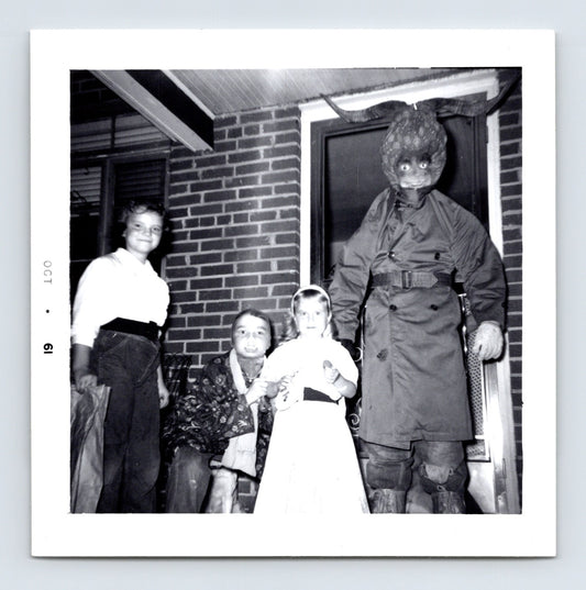 1961 Halloween children costumes horned mask devil figure group porch snapshot square photo