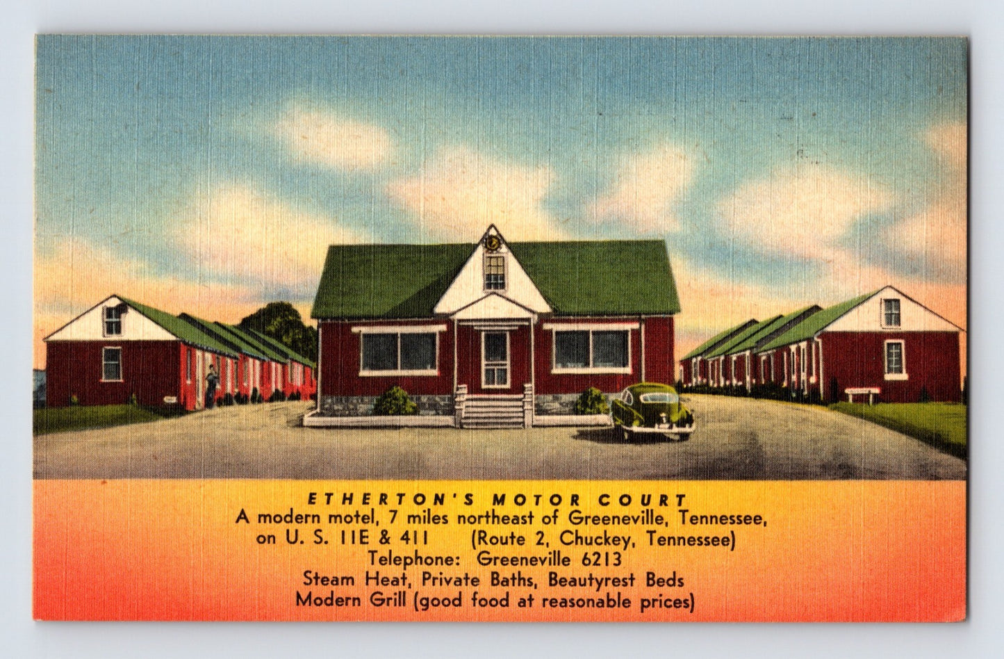 Color linen postcard advertising Etherton’s Motor Court near Greeneville, Tennessee, featuring rows of red cabin-style motel units and a central office building.