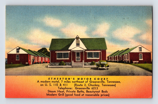 Color linen postcard advertising Etherton’s Motor Court near Greeneville, Tennessee, featuring rows of red cabin-style motel units and a central office building.
