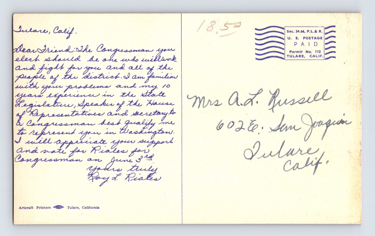 Tulare California Roy Riales Congress 1960s Postcard Unposted Chrome