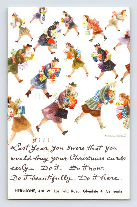 Hermione shop advertising postcard 1958 Glendale California illustration of women carrying Christmas packages mid century design