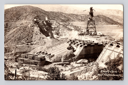 Shasta Dam California powerhouse construction 1940s RPPC postcard hydroelectric