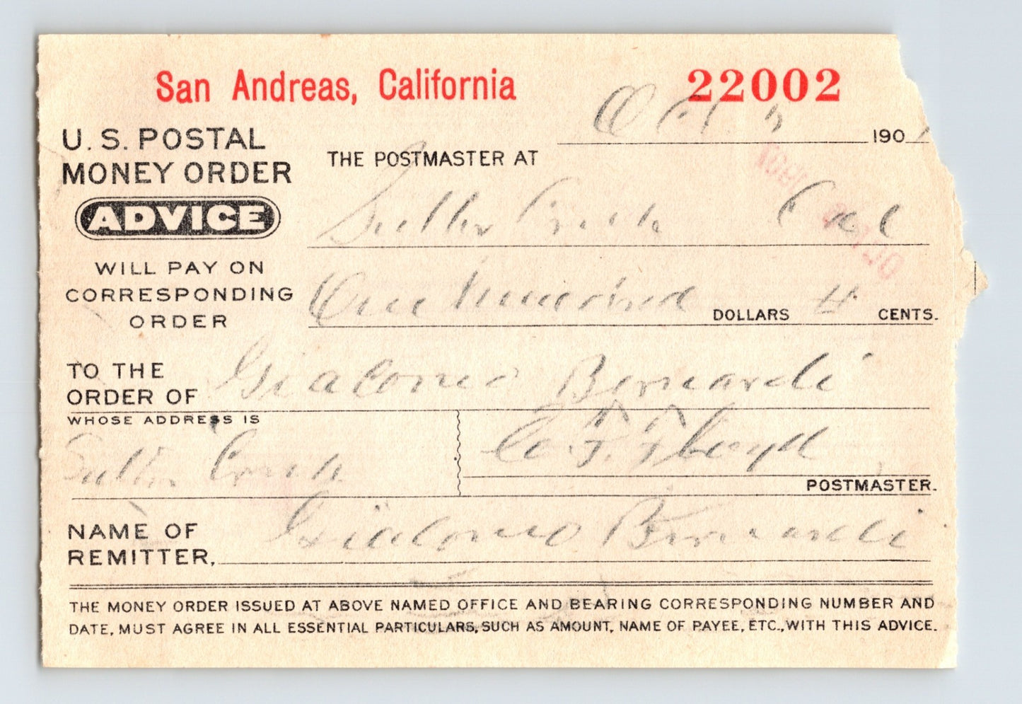 San Andreas California postal money order advice 1907 handwritten USPS document 3.5 x 5