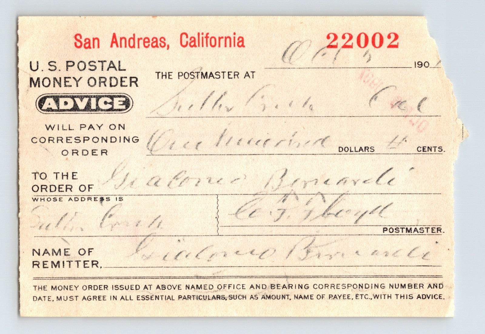San Andreas California postal money order advice 1907 handwritten USPS document 3.5 x 5