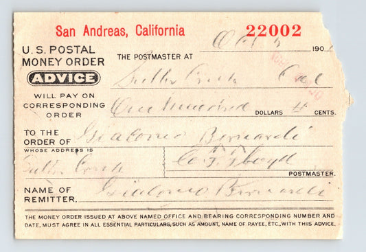San Andreas California postal money order advice 1907 handwritten USPS document 3.5 x 5