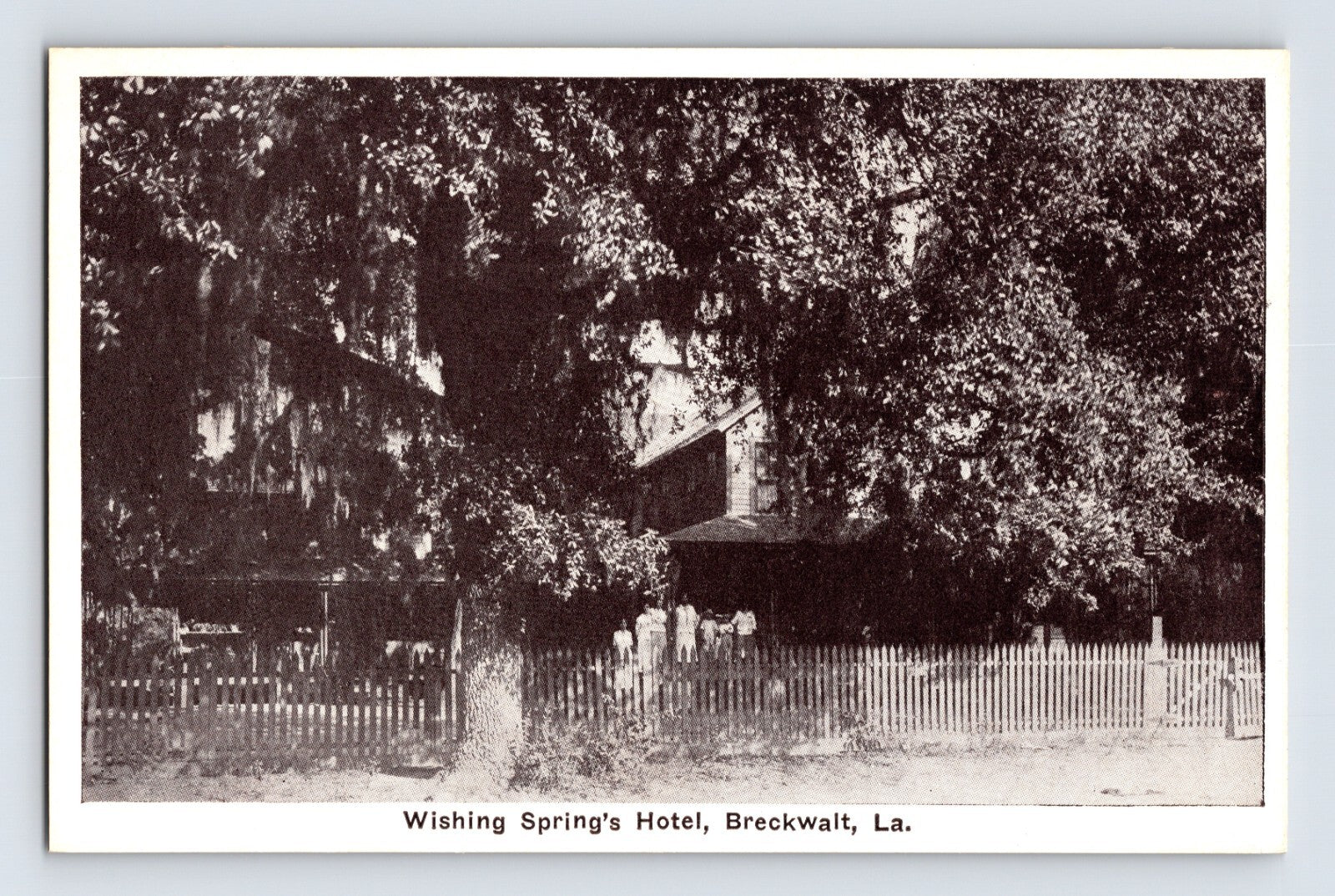 Black-and-white postcard view of Wishing Spring’s Hotel in Breckwalt, Louisiana, showing a shaded historic building behind a white picket fence beneath large oak trees.