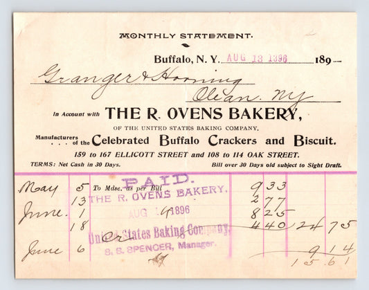 1896 Buffalo New York R Ovens Bakery monthly statement billhead for Buffalo crackers and biscuit with handwritten ledger entries and stamps