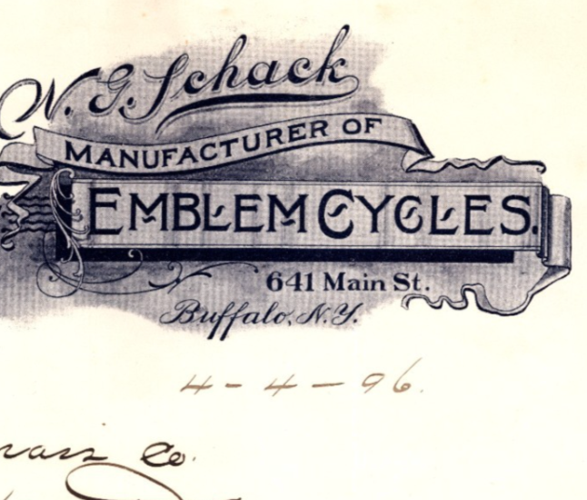 W G Schack Emblem Cycles Buffalo New York 1896 Bicycle Letterhead 8.5 x 11