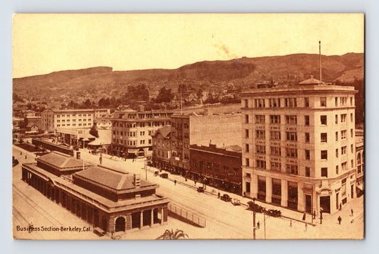 Berkeley California downtown aerial view buildings streetcars 1920s sepia postcard